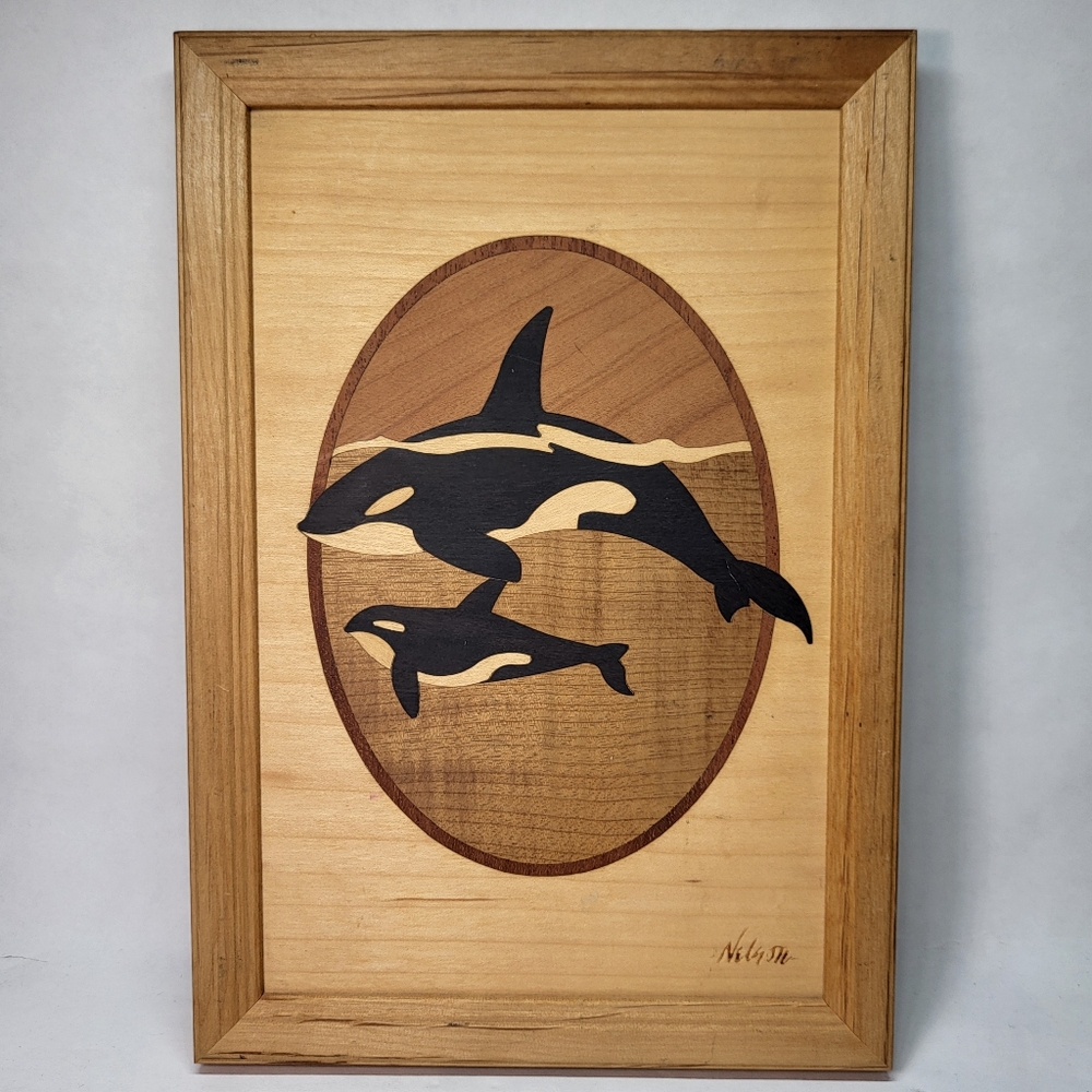 Hudson River Inlay Orca Whales Framed Marquetry Wood Art 7x10 PICTURE Ocean Sea